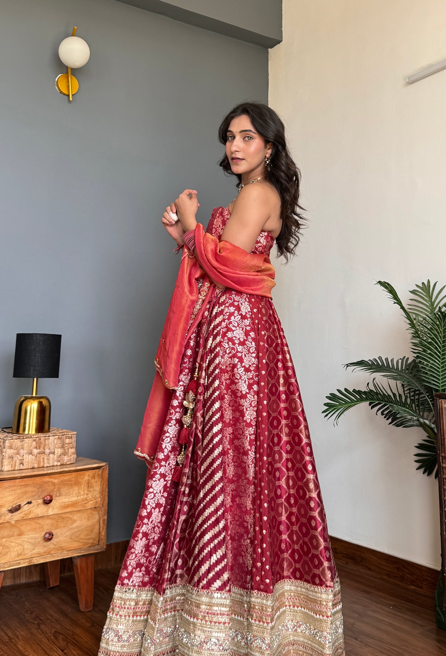 Red Corset Lehenga Dupatta