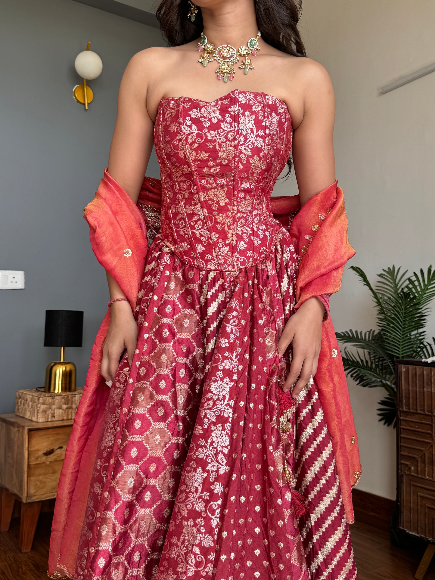Red Corset Lehenga Dupatta