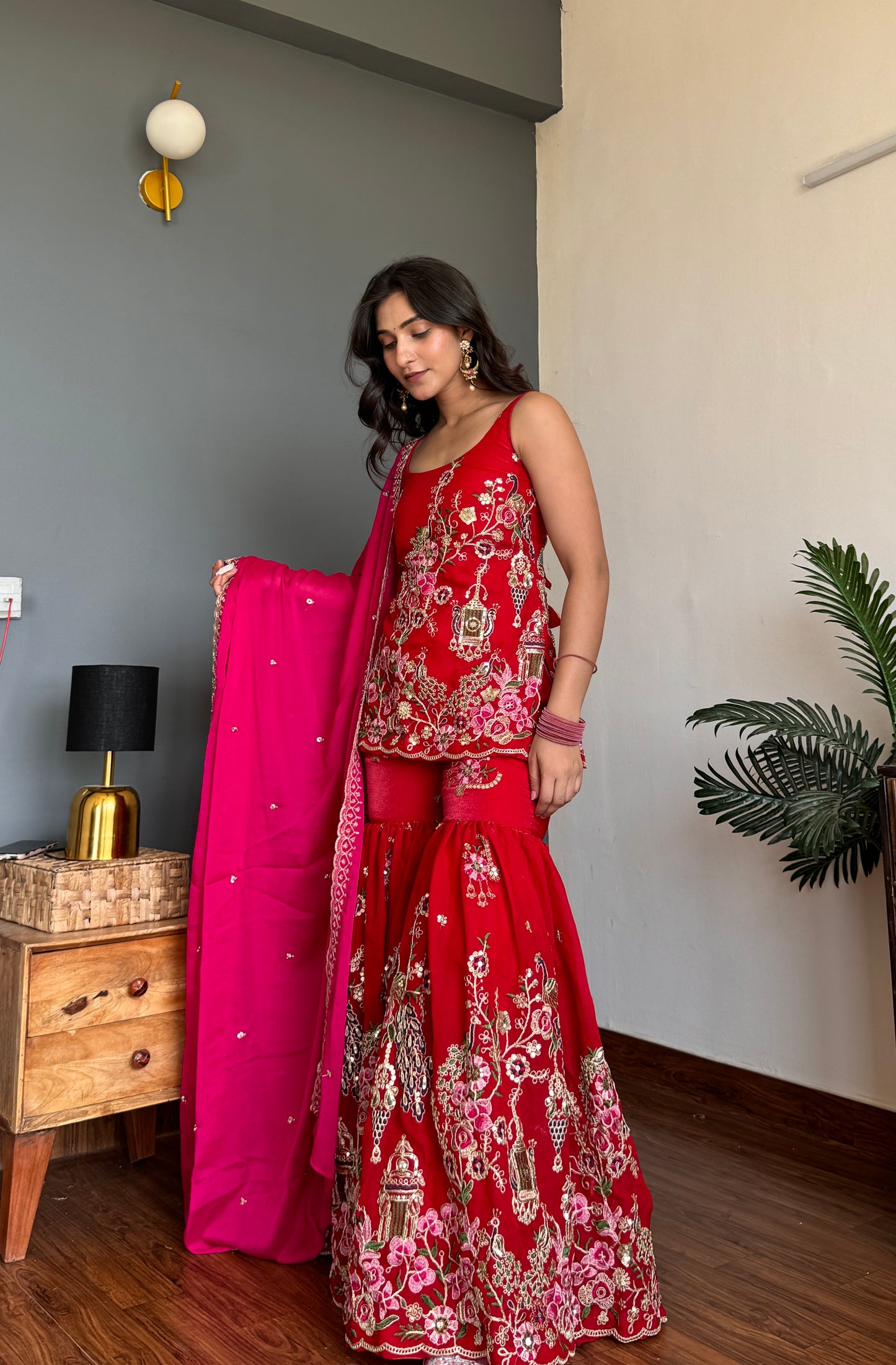 Red Peacock Sharara Kurta Set