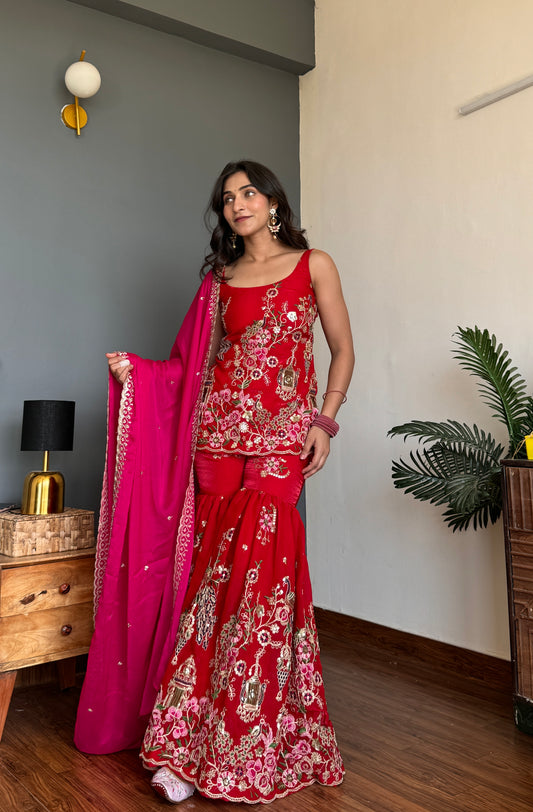 Red Peacock Sharara Kurta Set