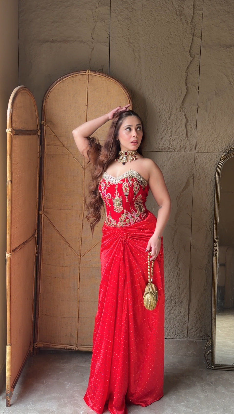 Ruhani Red Draped Skirt with Corset