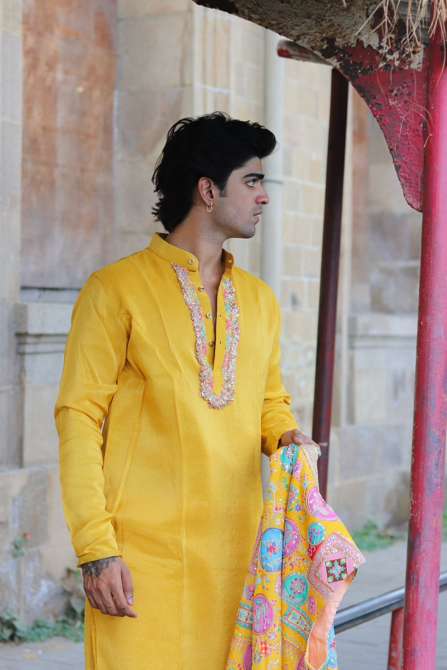 Multi Coloured Embroidery Work On Yellow Koti , Kurta And Pant