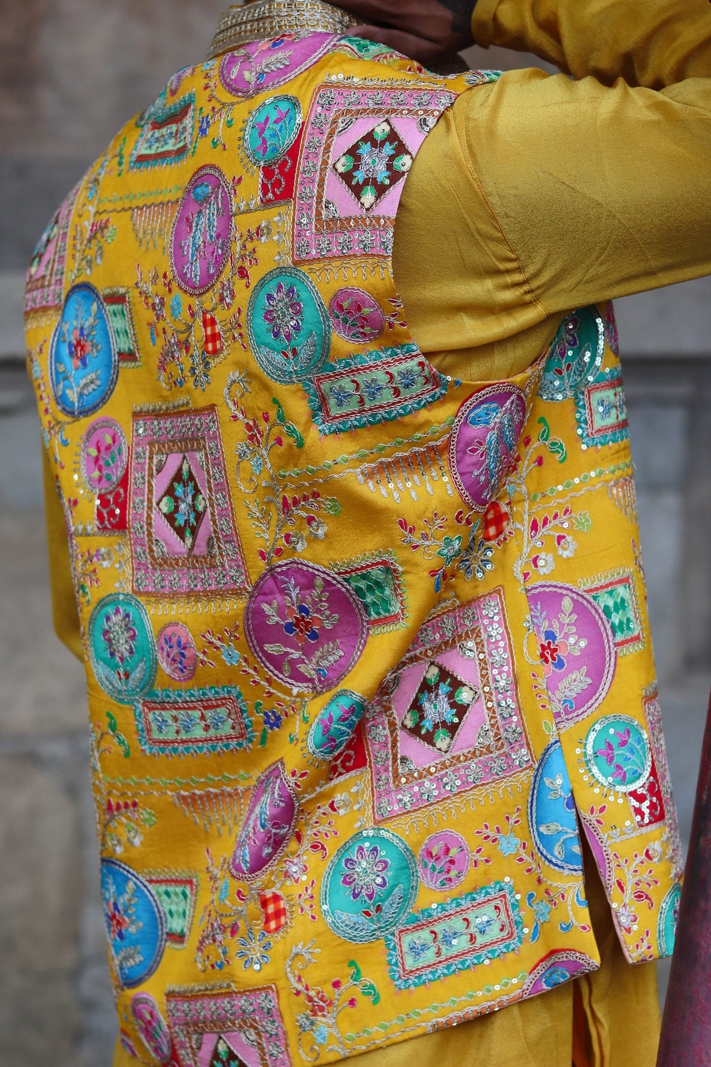 Multi Coloured Embroidery Work On Yellow Koti , Kurta And Pant