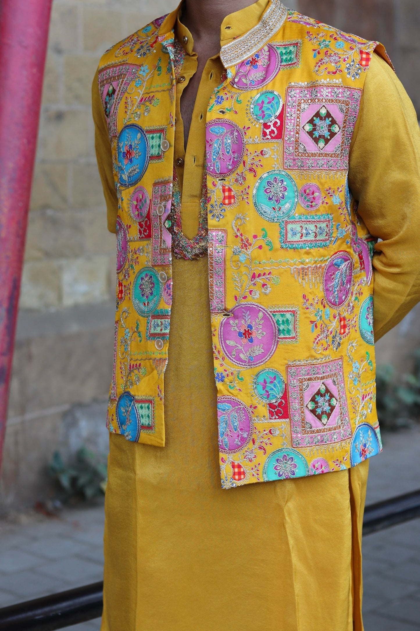 Multi Coloured Embroidery Work On Yellow Koti , Kurta And Pant