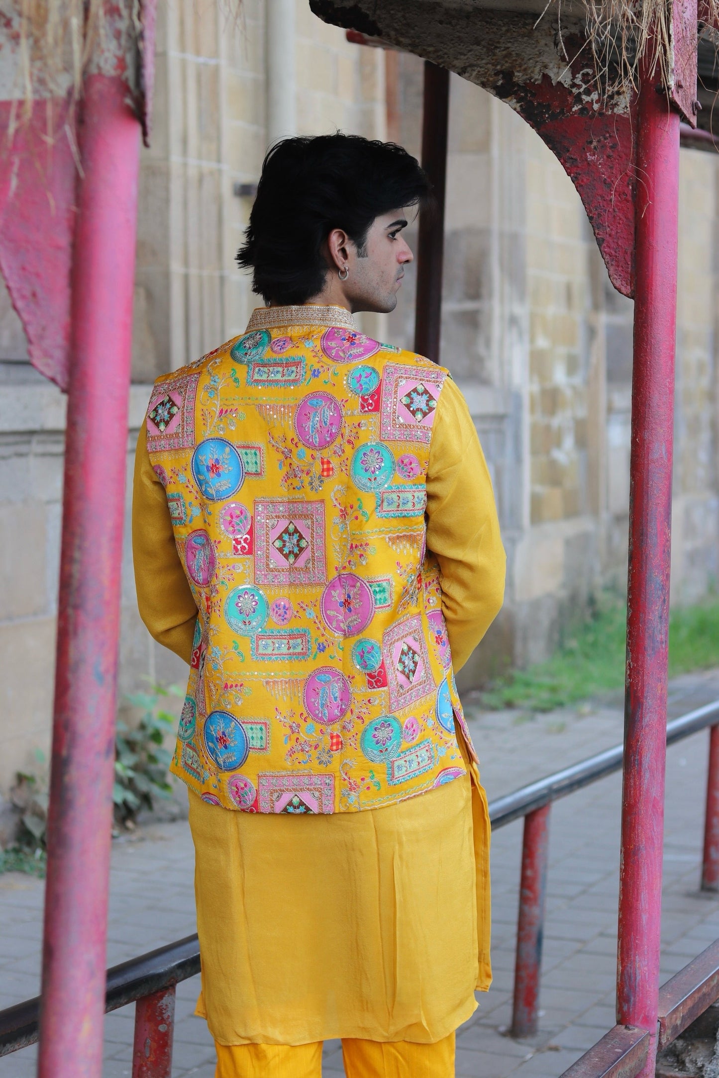 Multi Coloured Embroidery Work On Yellow Koti , Kurta And Pant