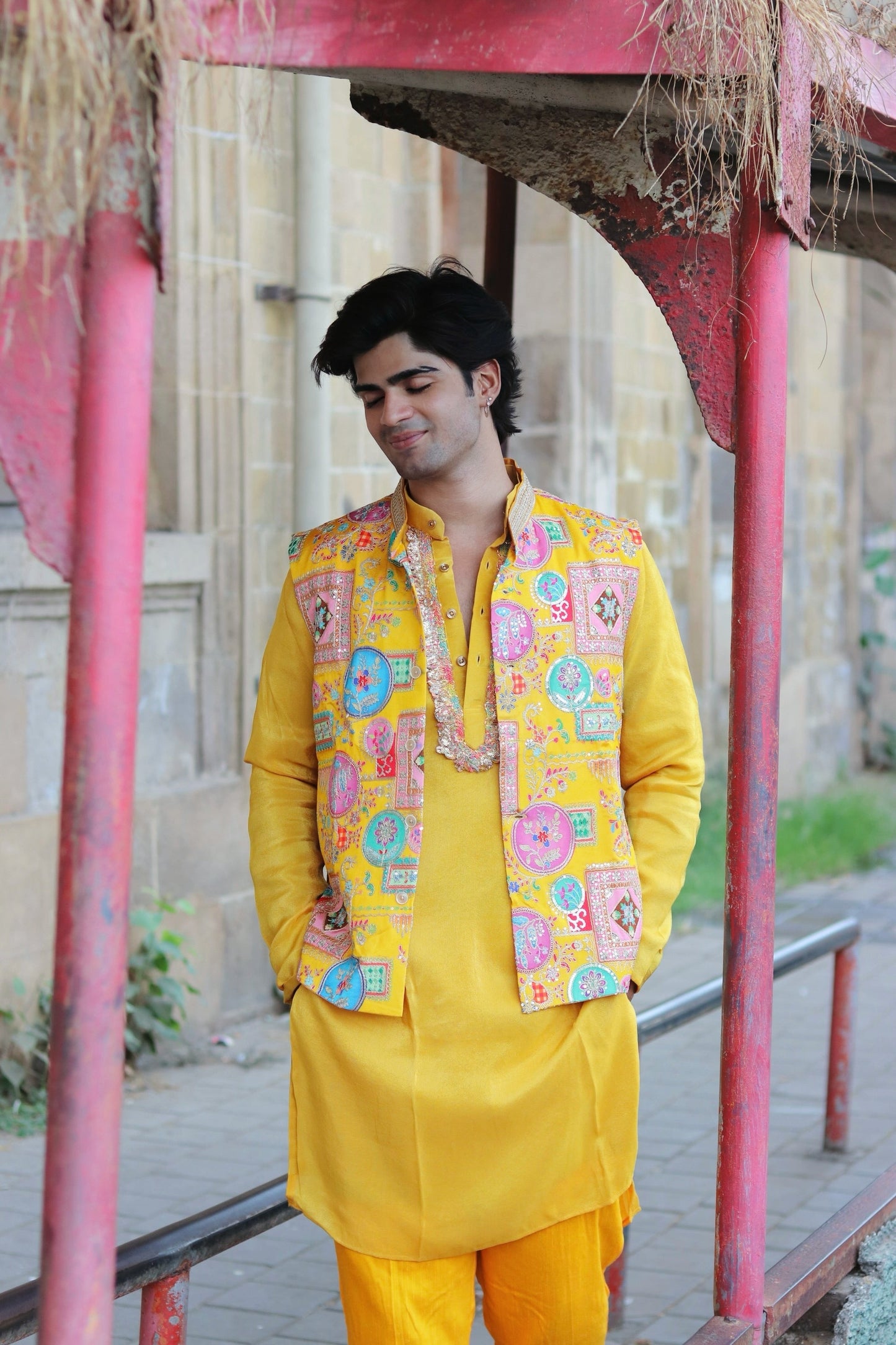 Multi Coloured Embroidery Work On Yellow Koti , Kurta And Pant