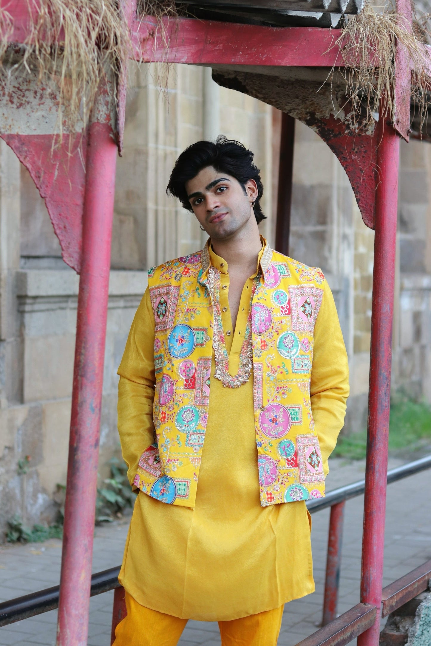 Multi Coloured Embroidery Work On Yellow Koti , Kurta And Pant