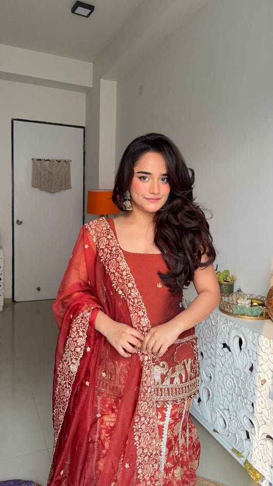Mehru Rust Silk Plazzo Set
