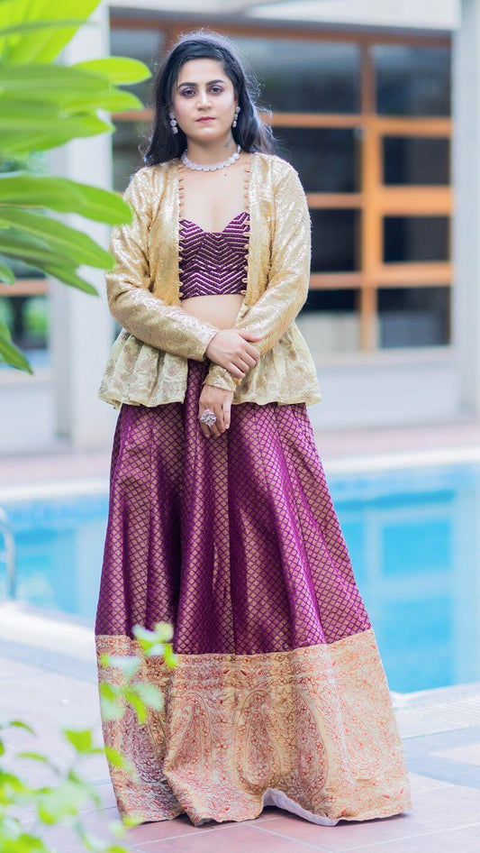 Indo-Western Wine Lehenga And Golden Jacket - Kzari - The Design Studio