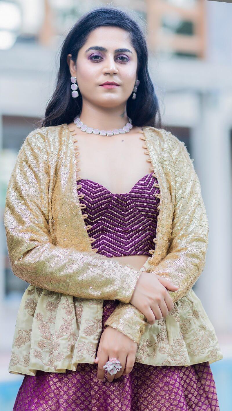 Indo-Western Wine Lehenga And Golden Jacket - Kzari - The Design Studio