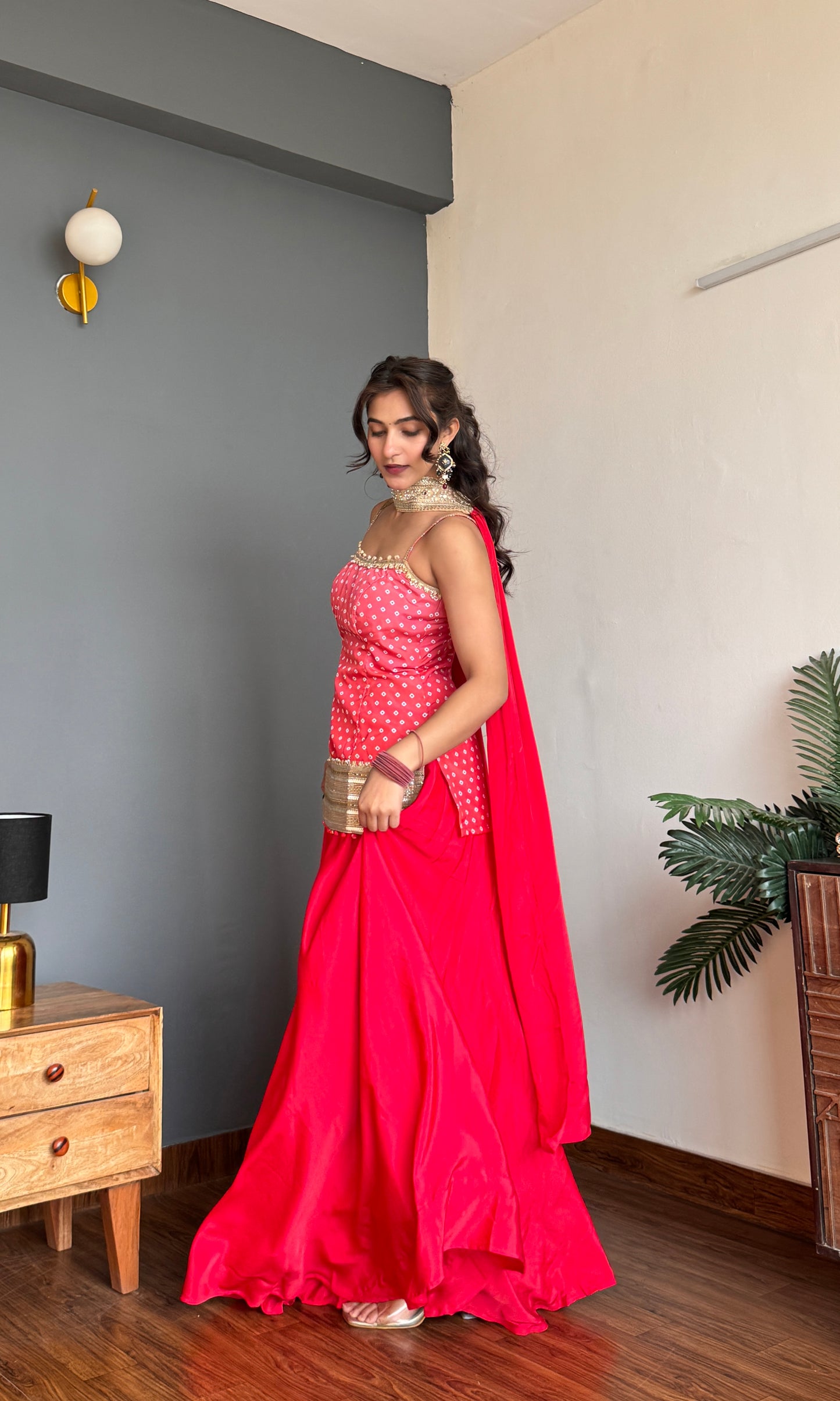 Ruby Red Bhandhani Kurta Palazzo Set