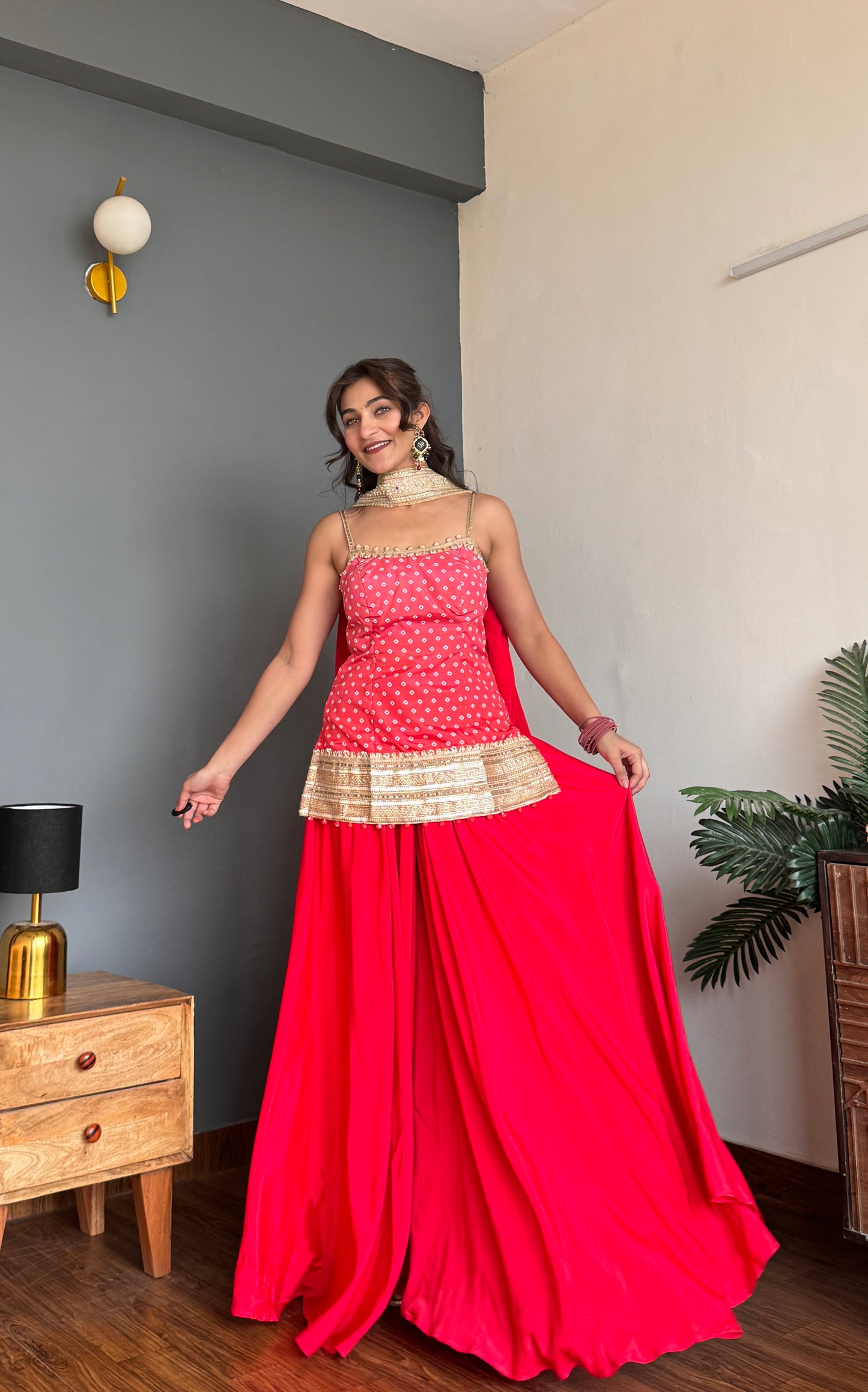 Ruby Red Bhandhani Kurta Palazzo Set