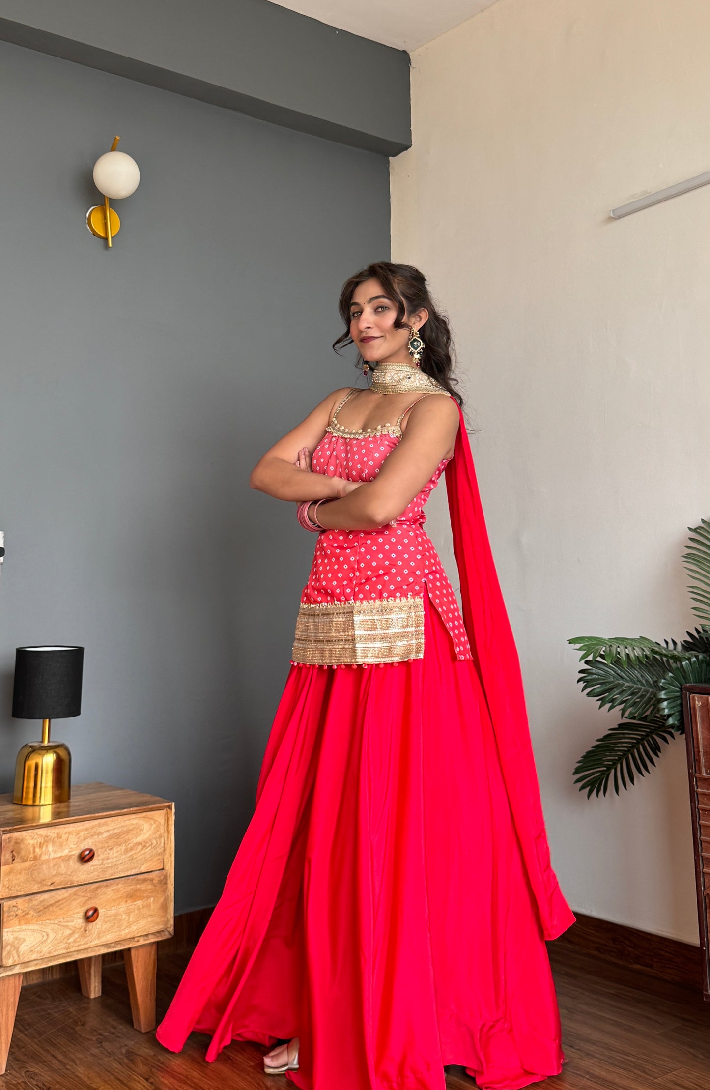 Ruby Red Bhandhani Kurta Palazzo Set