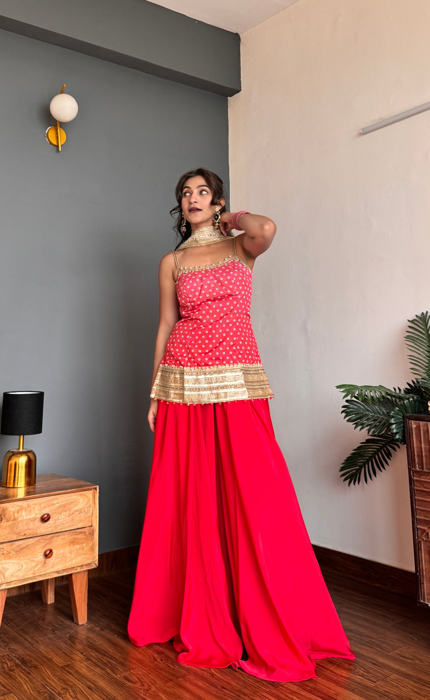 Ruby Red Bhandhani Kurta Palazzo Set