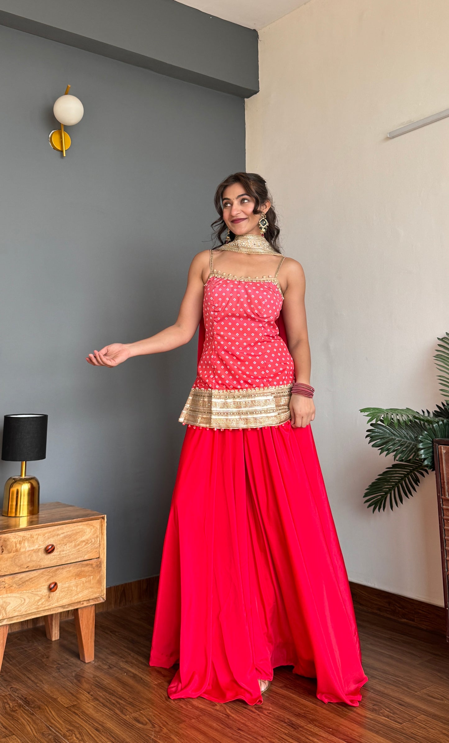 Ruby Red Bhandhani Kurta Palazzo Set