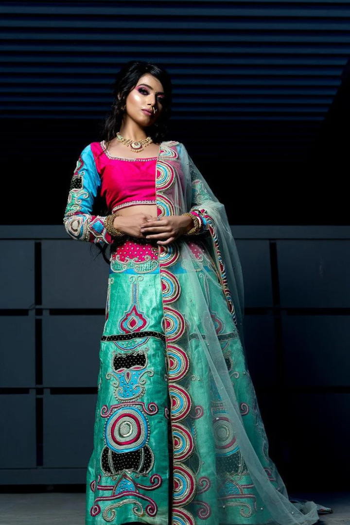 Multi Color Silk Patch Work Embroidery Lehenga