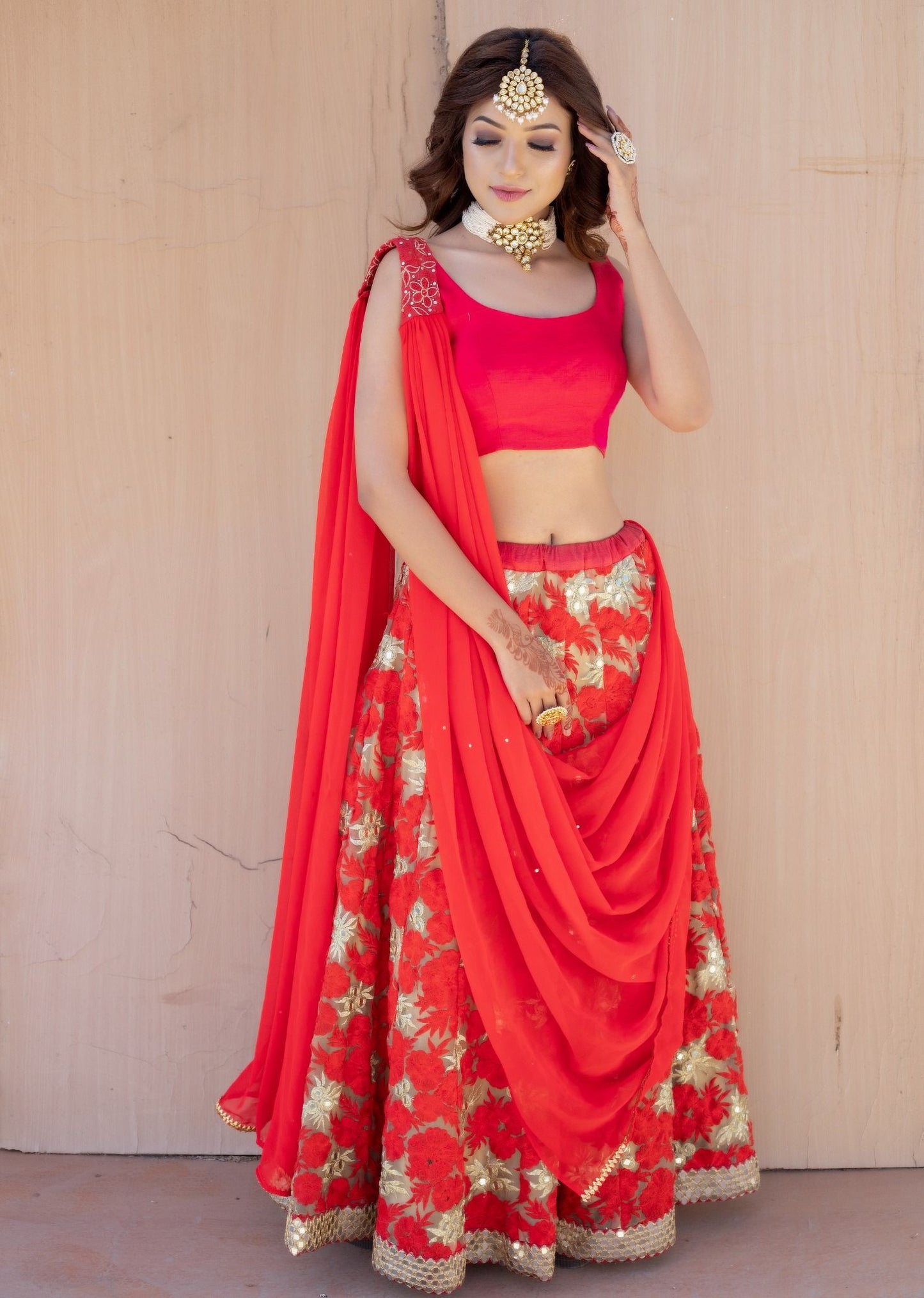 Red Flower Lehanga