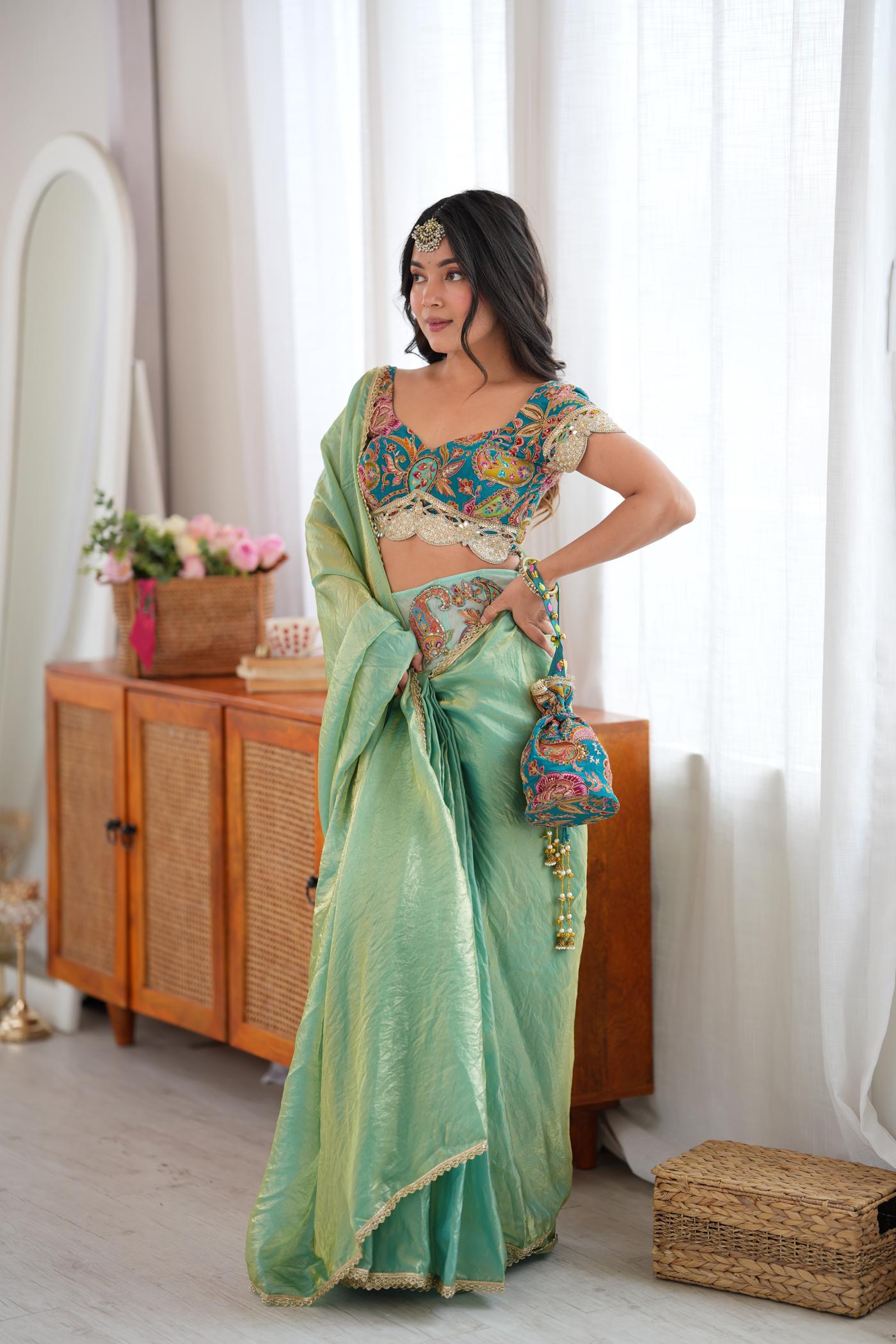 Mint Masala Pre-Draped Saree Set