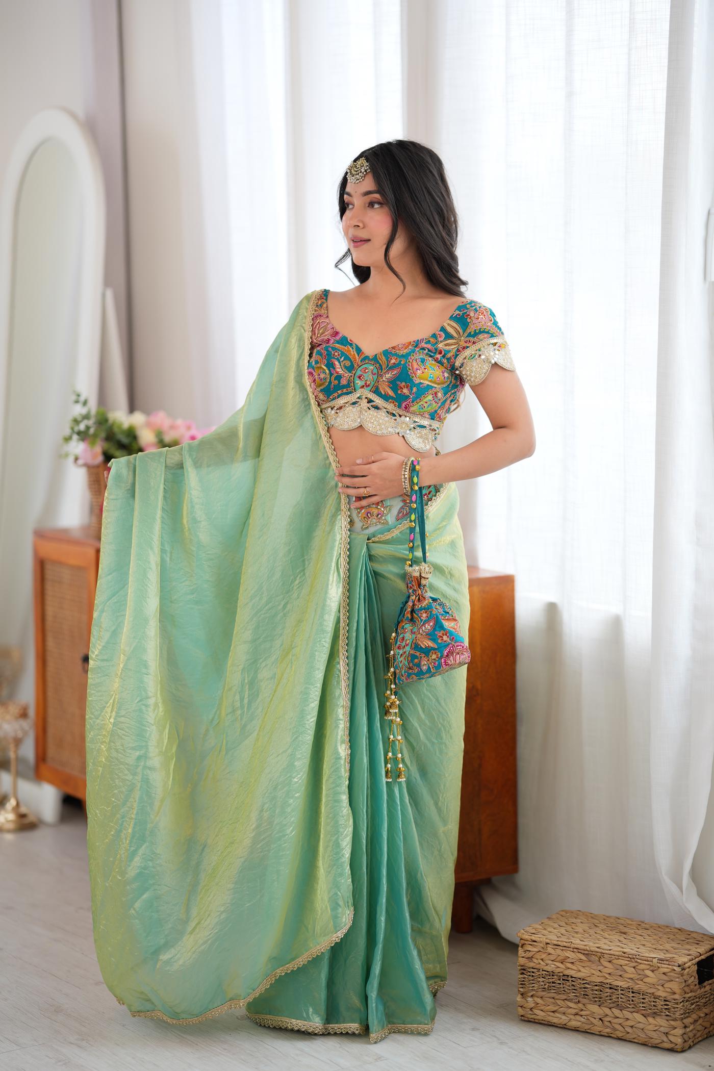 Mint Masala Pre-Draped Saree Set