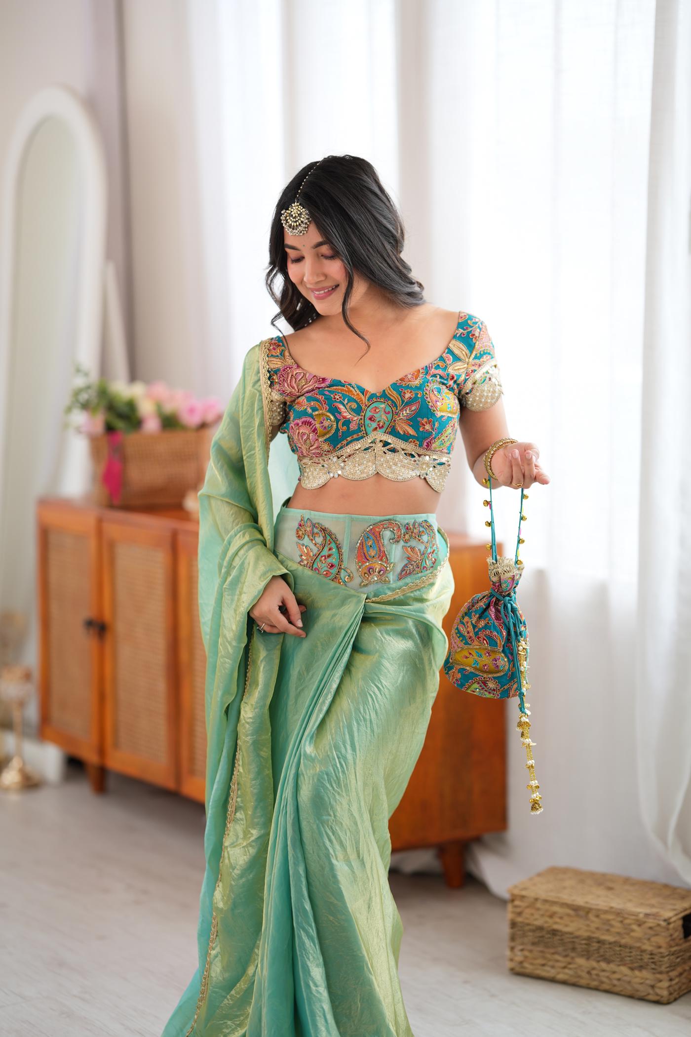 Mint Masala Pre-Draped Saree Set