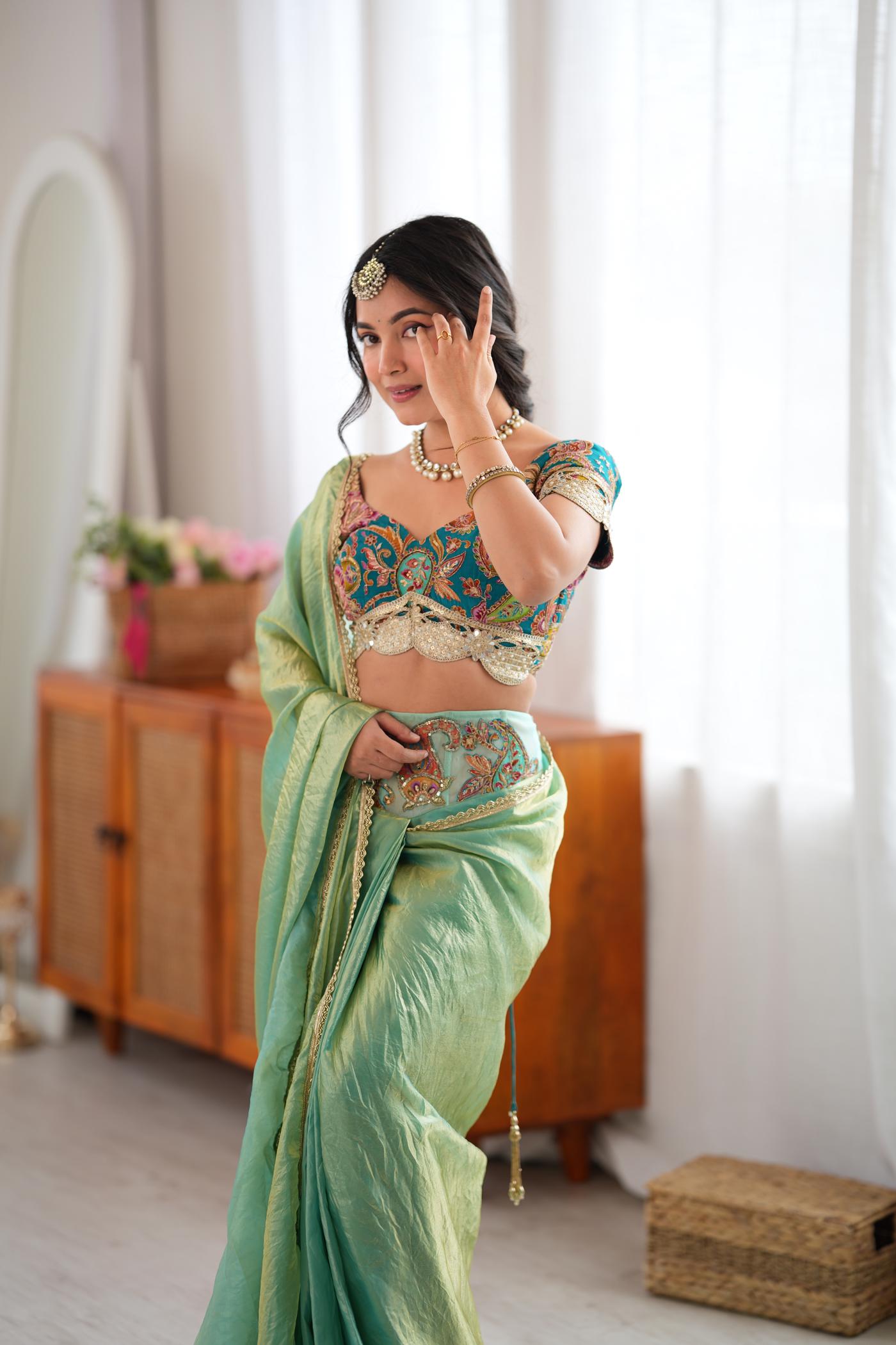 Mint Masala Pre-Draped Saree Set