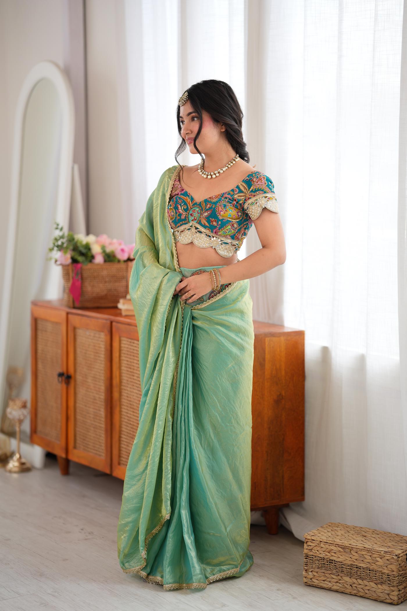 Mint Masala Pre-Draped Saree Set