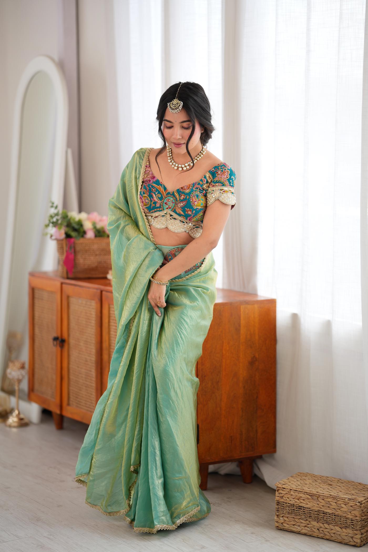 Mint Masala Pre-Draped Saree Set