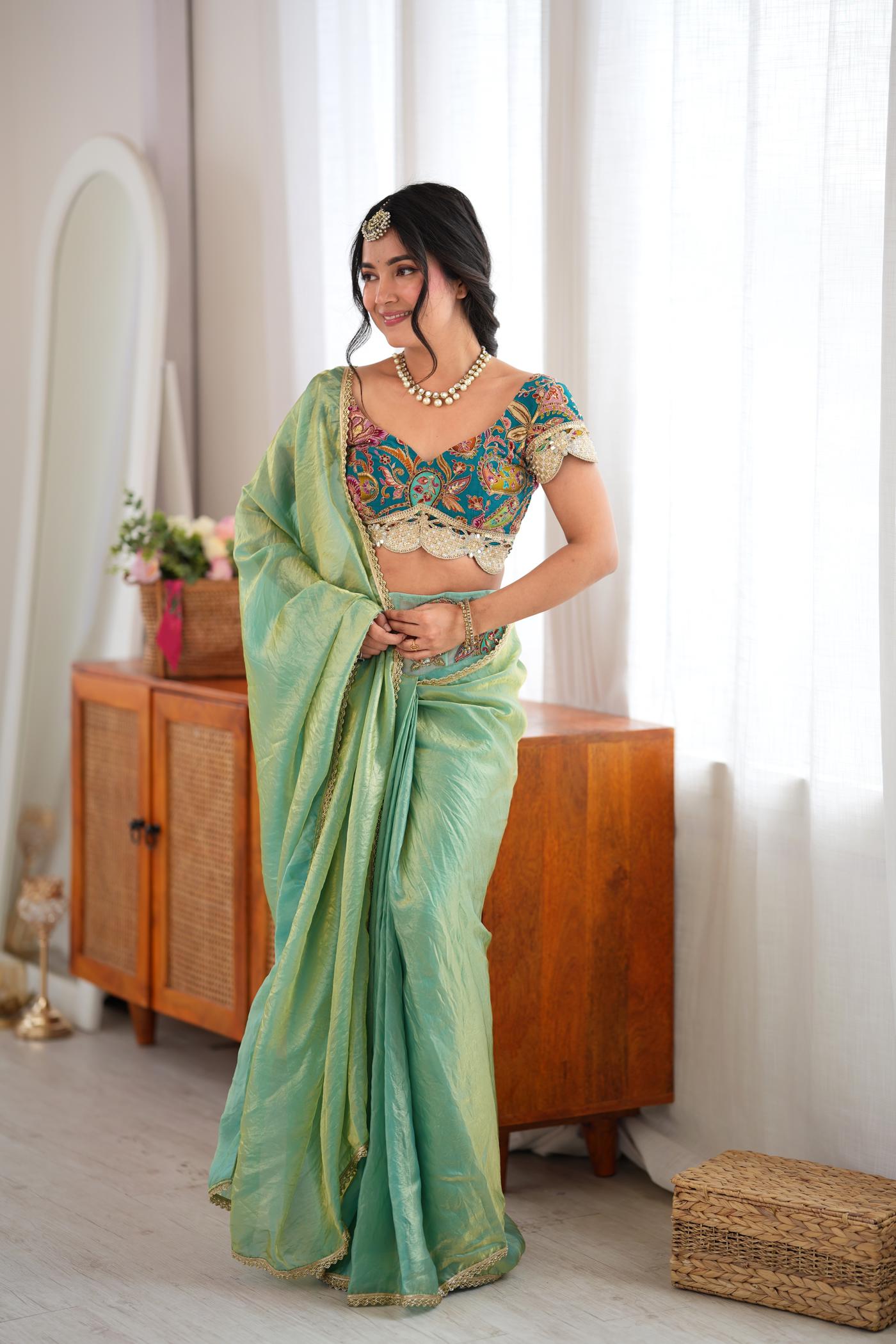 Mint Masala Pre-Draped Saree Set